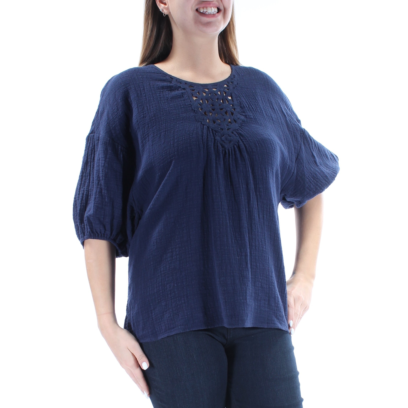 MAX STUDIO $88 Womens New 1095 Navy Embroidered 34 Sleeve Jewel Neck Top L B+B MAX STUDIO $88 Womens New 1095 Navy Embroidered 34 Sleeve Jewel Neck Top L B+B